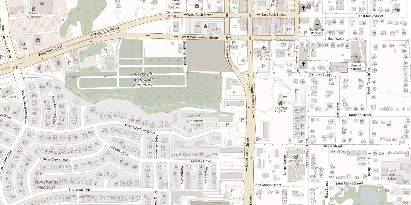 Map of downtown Rockwall showing The Bagel Lady on South Goliad Street, between East Washington Street and Saint Marys Street