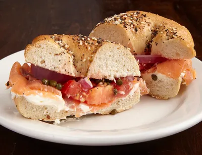 A lox bagel sliced open