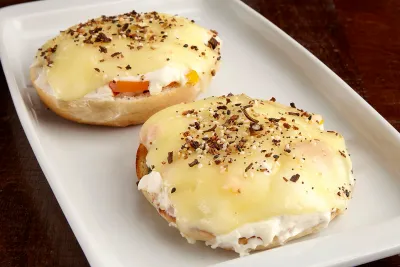 The Brooklyn: scooped bagels under melted cheese