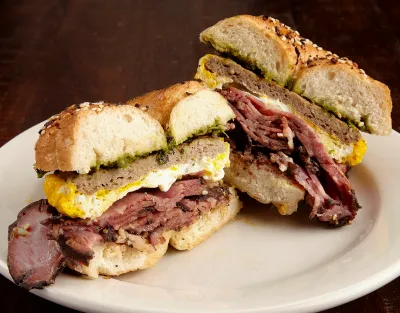 The Revi: pastrami, egg and sausage, cut through